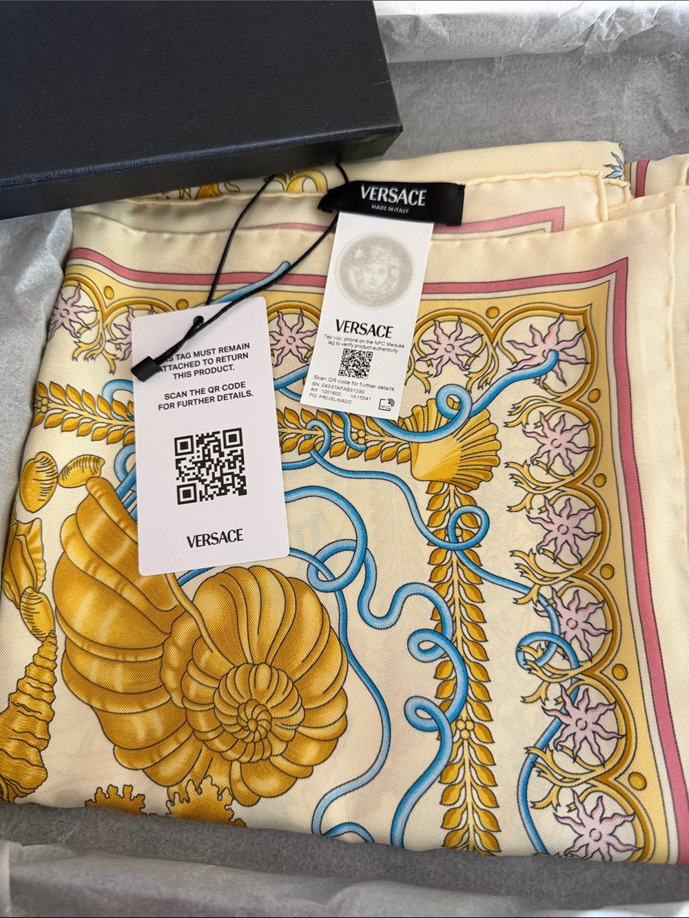 Versace Silk Scarf in Cream, Gold & Light Blue with Pink Trim
